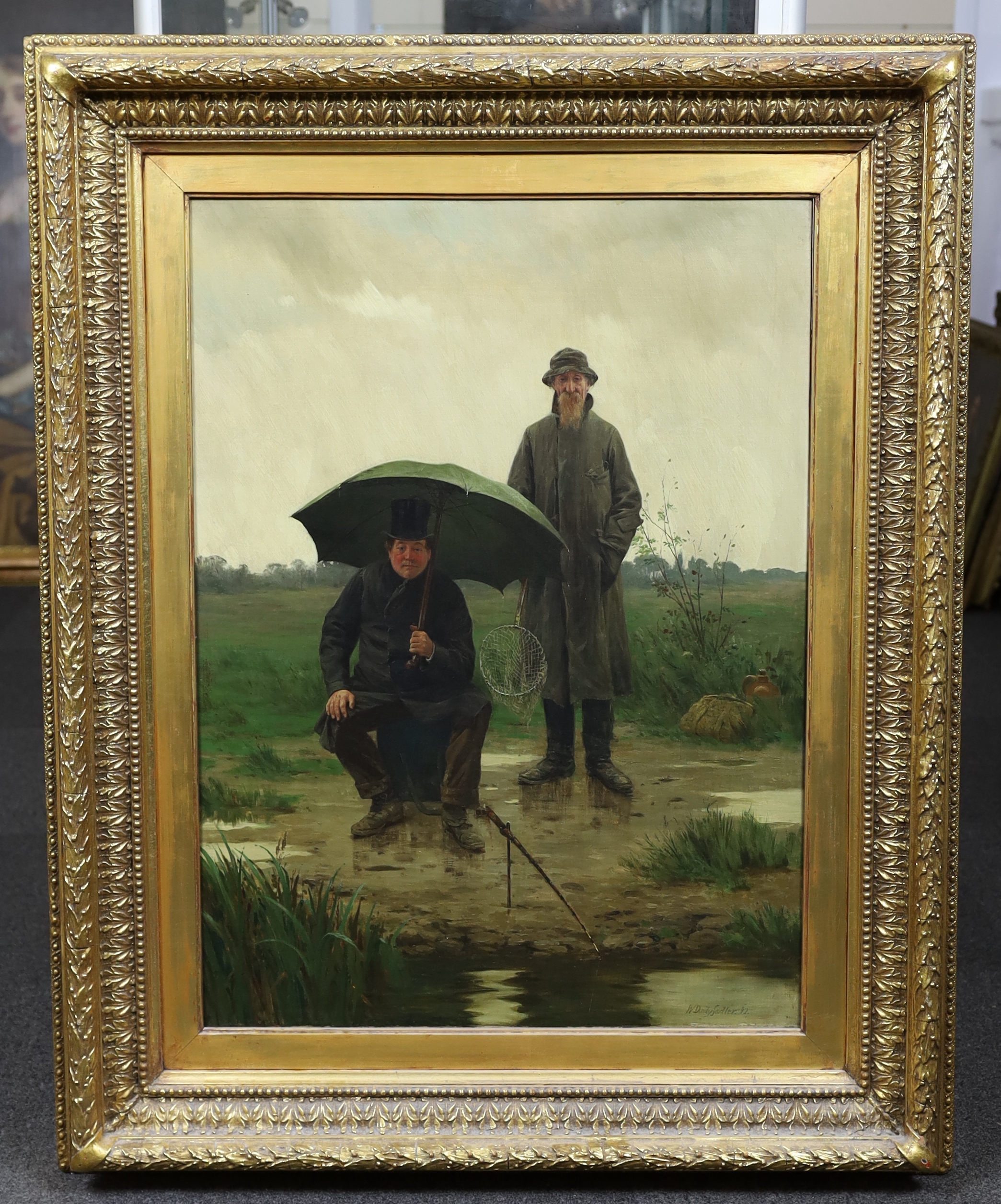 Walter Dendy Sadler (British, 1854-1923), 'Fishing in the rain', oil on canvas, 76 x 56cm
